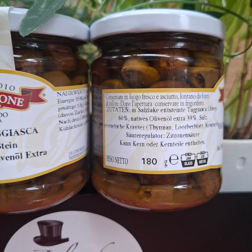 OLIVEN TAGGIASCHE - Ohne Stein in Olivenöl - Frantoio Ghiglione 2er Glas ANGEBOT