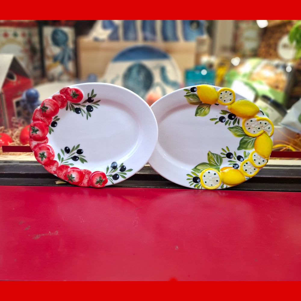 Keramikset - 2 x Ovale Teller Design & Reliev Pomodori & Limoni - Handarbeit aus Italien