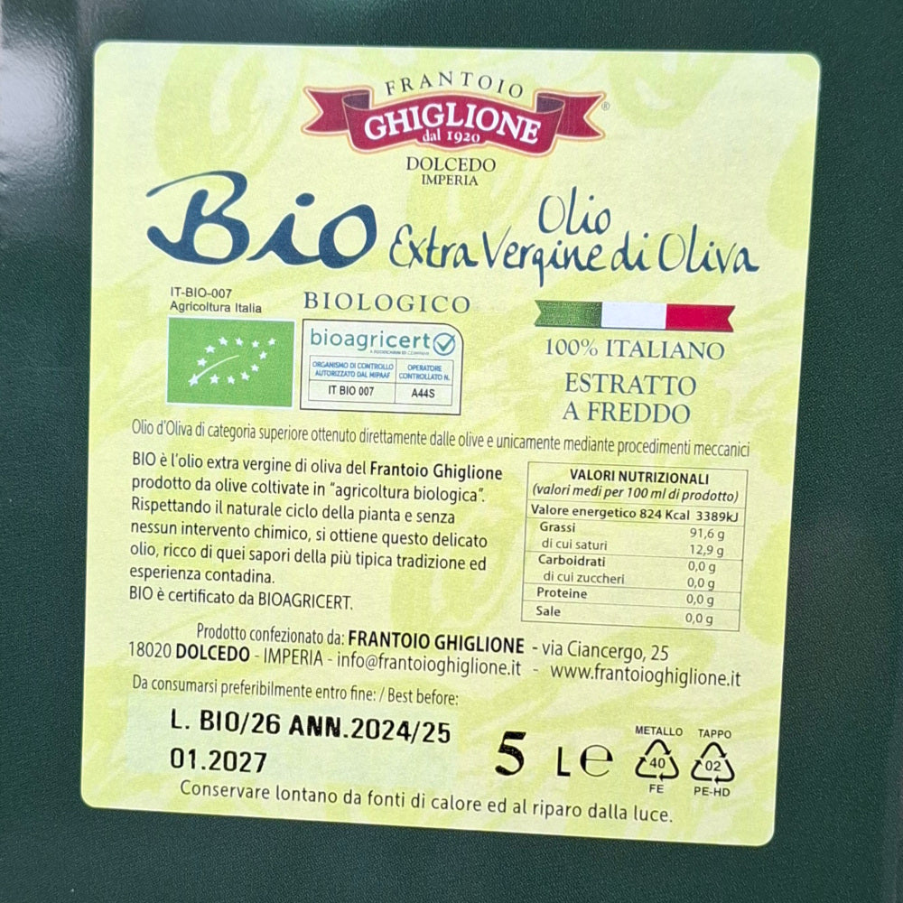 Natives BIO Olivenöl Extra Vergine aus Ligurien 5 lt. - Frantoio Ghiglione Dolcedol IM Ligurien Italy