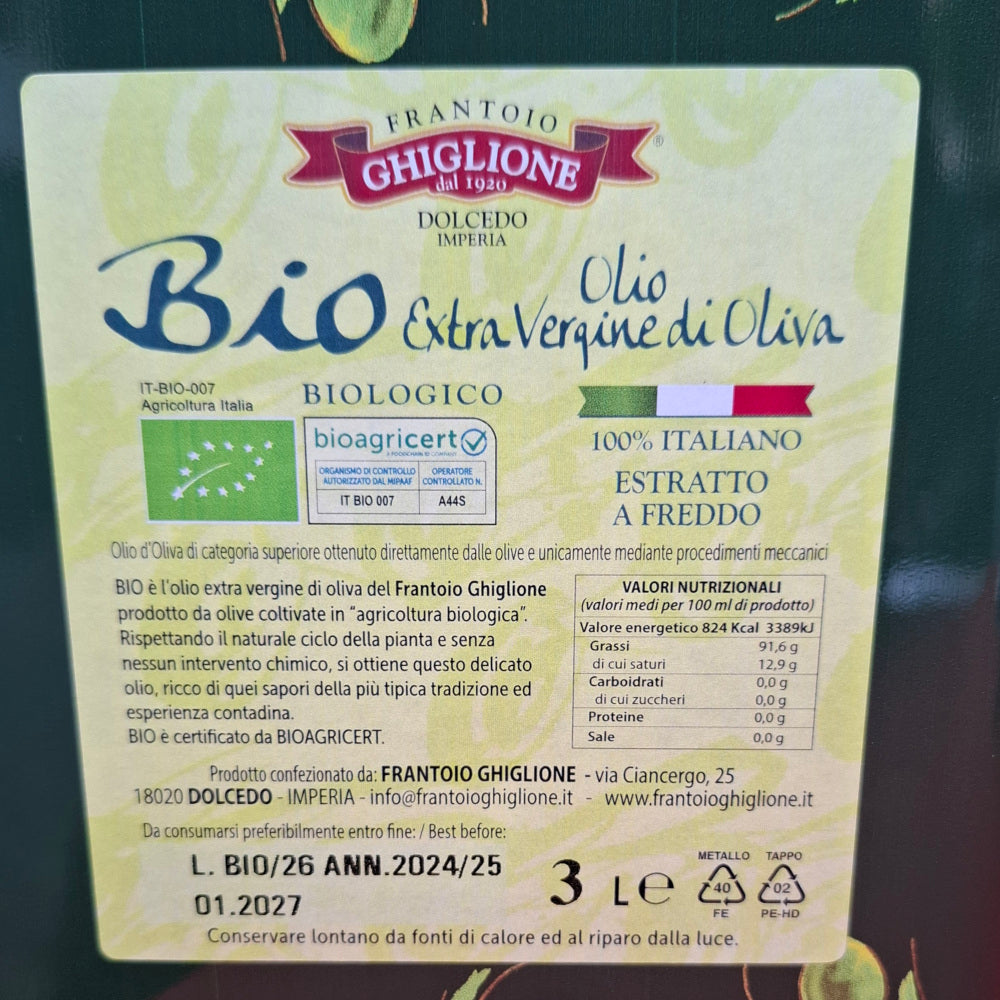 Natives BIO Olivenöl Extra Vergine aus Ligurien 3 lt. - Frantoio Ghiglione Dolcedol IM Ligurien Italy