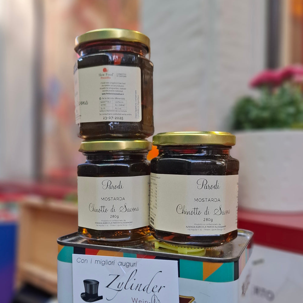 Früchte im Sirup: 1 x Mostarda di Chinotto di Savona kandiert -Slow Food Presidium - die scharfe Variante mit Senfsirup