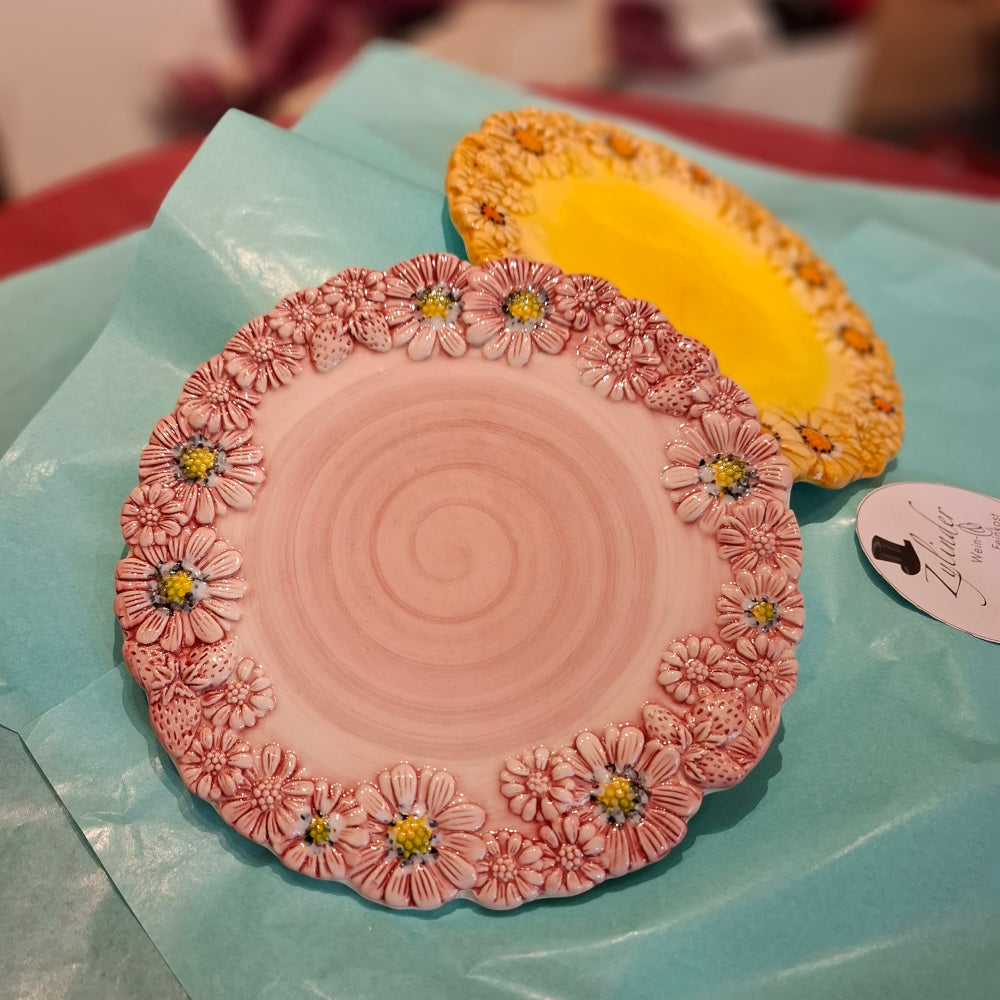 Keramik Teller 2er Set Gelb/Rosaantico mit Margheritedekorand ( B. cm. ca. 22 H cm. ca. 1,5 ) - Handarbeit aus Italien