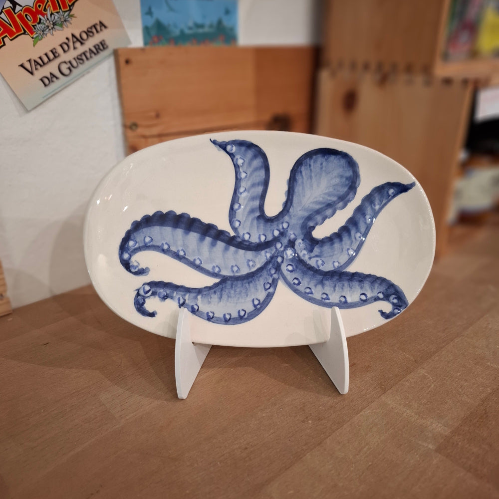 Keramik Teller Motiv Oktopus Farbe Blu/Blau ( L ca. 21 cm, B ca. 13 cm) - Handarbeit aus Italien