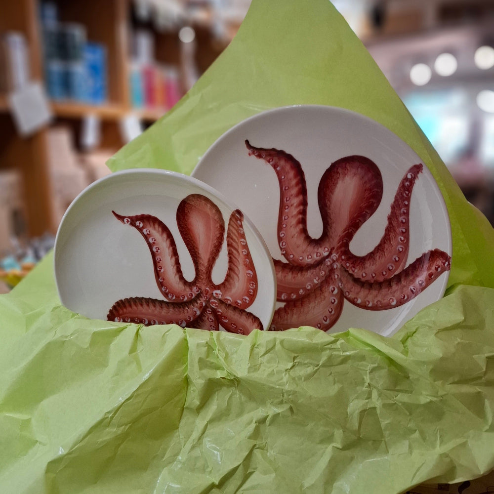 Keramik Set mit 2 Teller Motiv Oktopus Farbe Rosso - Terrakotta 1 x ca. 21 cm x21 cm - 1 x 28cm x 28cm. -Handarbeit aus Italien