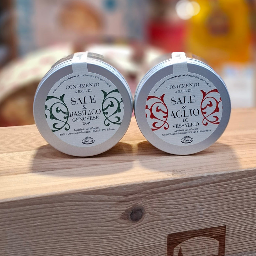 Salz: Aromatisiertes Salz mit Genueser Basilikum DOP ( Basilico Genovese dop) & Knoblauch aus Vessalico