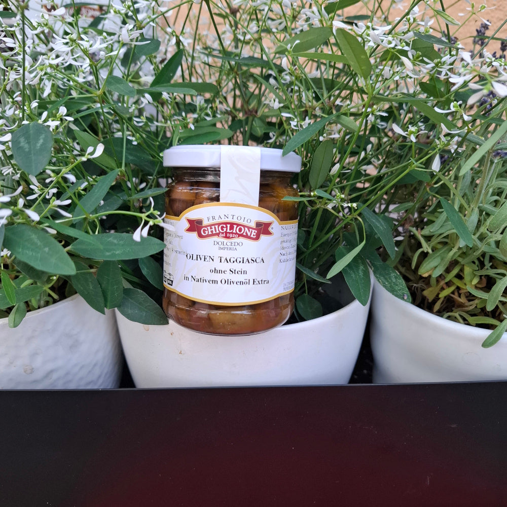 Olive Taggiasche Ohne Stein in Olivenöl 180 gr. - aus Ligurien Frantoio Ghiglione Imperia