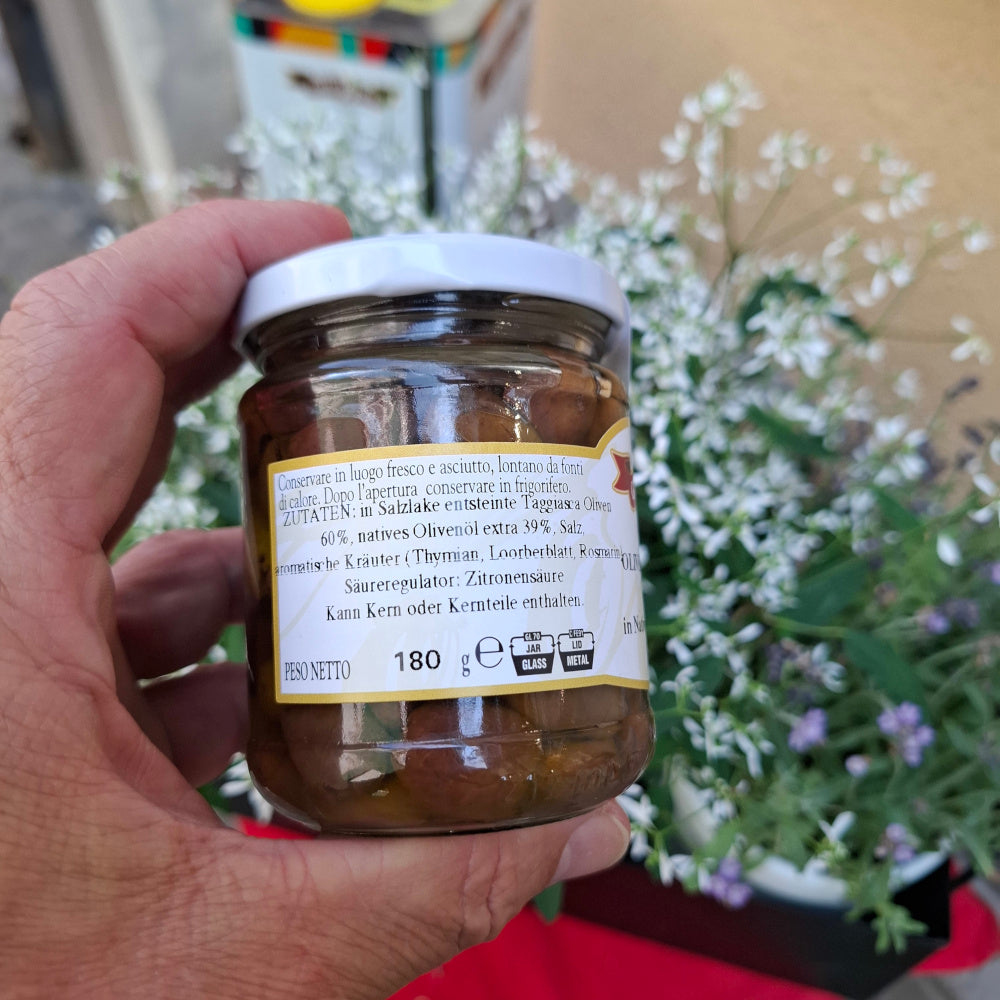 Olive Taggiasche Ohne Stein in Olivenöl 180 gr. - aus Ligurien Frantoio Ghiglione Imperia