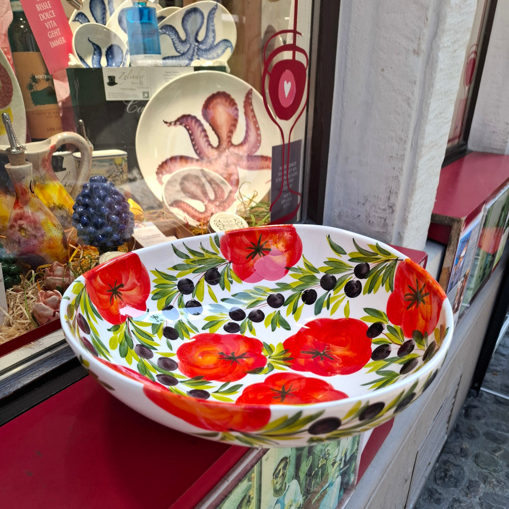 Keramikschale Design Oliven & Tomaten - ca. 34 cm B, ca. H 10,5 cm ca.- Handarbeit aus Italien