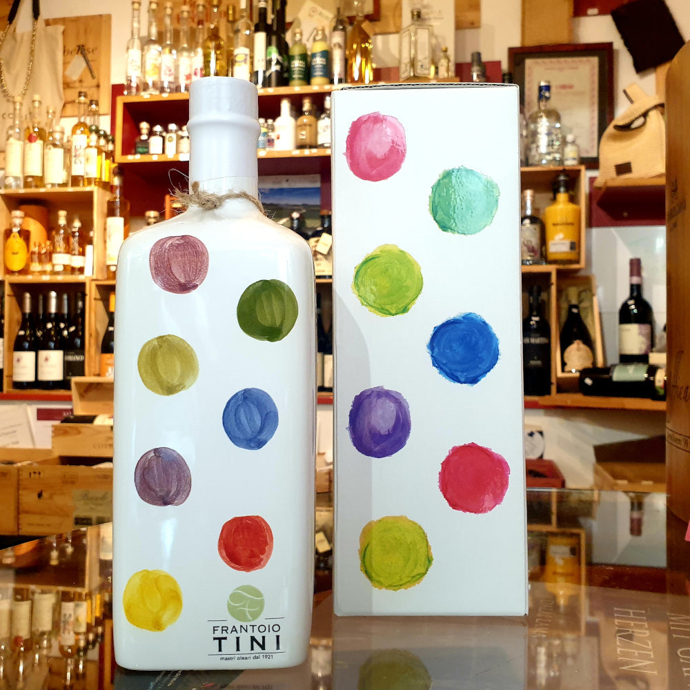 Tini Opera Collection: handgemalte Keramikflasche aus Castelli mit Olivenöl Extravergine