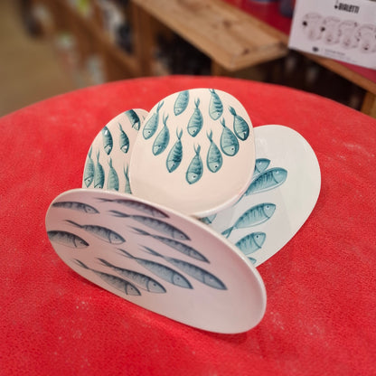 Keramikset - 4 x Ovale Teller Design Pesciolini - Farbe Verdemare Hellgrün, Handarbeit aus Italien