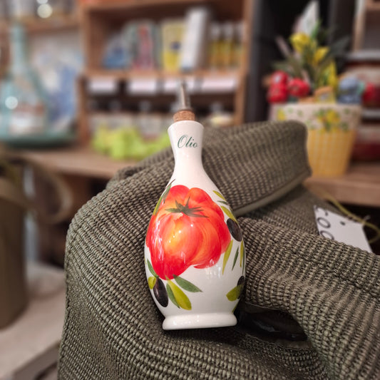 Keramikflasche Öl / Olio, Handarbeit aus Italien - Design Oliven & Tomaten "Olio" Beschriftet