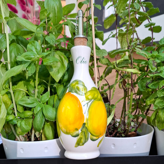 Keramikflasche Öl,  Handarbeit aus Italien - Design Zitronen "Olio" Beschriftet