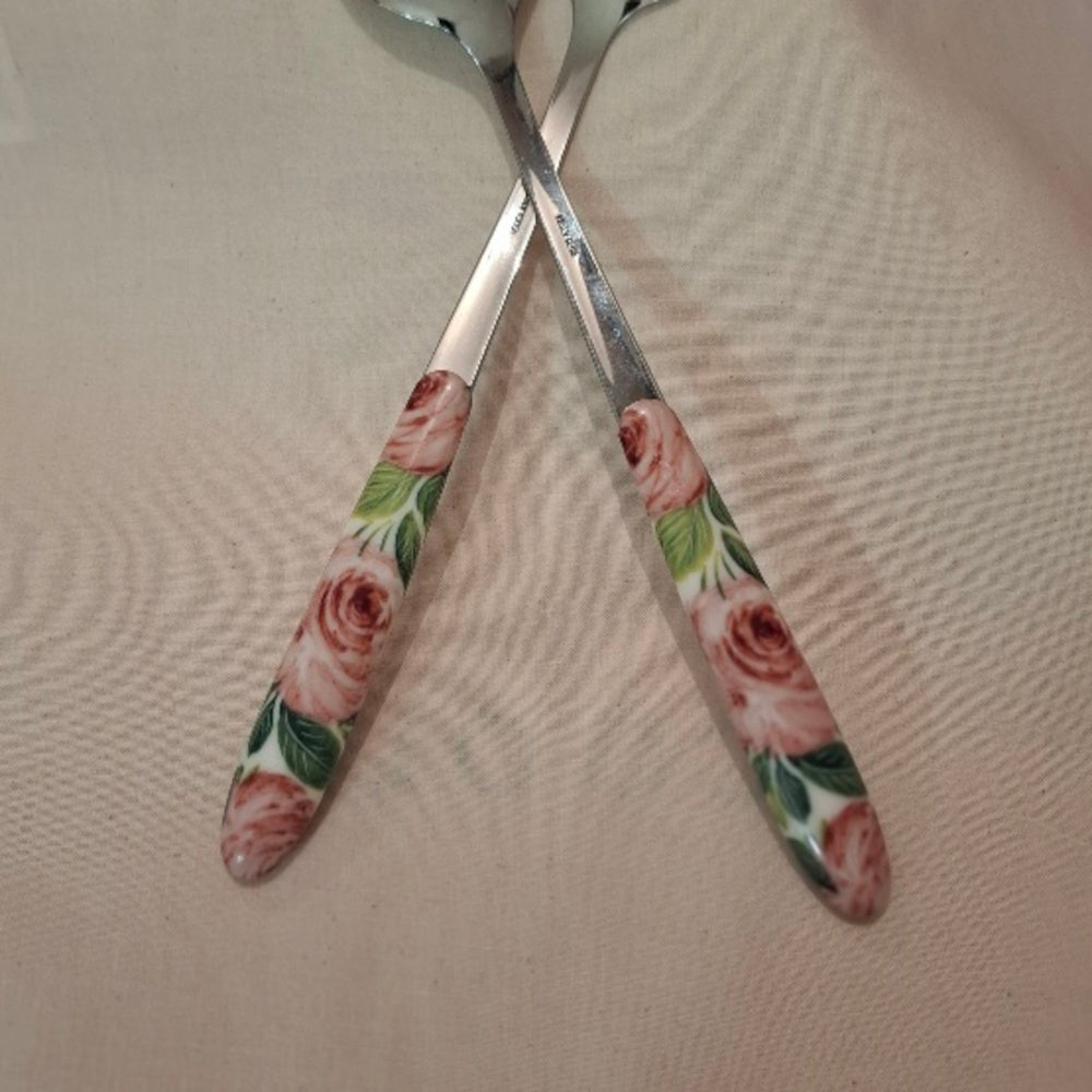Besteck Löffel & Gabel für Salat & Pasta - L. ca. cm. 26 - Motiv Rose