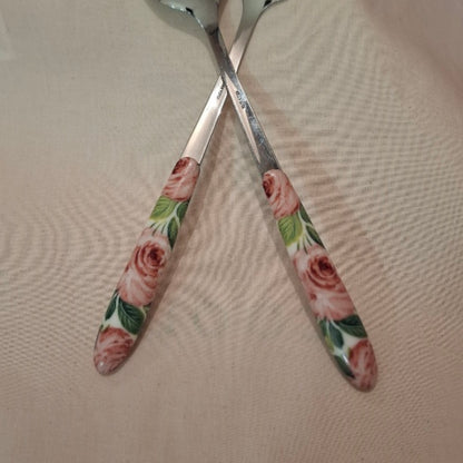 Besteck Löffel & Gabel für Salat & Pasta - L. ca. cm. 26 - Motiv Rose