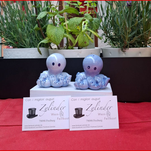 Keramik Salz- & Pfefferstreuer - in Italien handgemacht & handgemalt, "Polipetti Azzurri" ("kleine blaue Tintenfische")