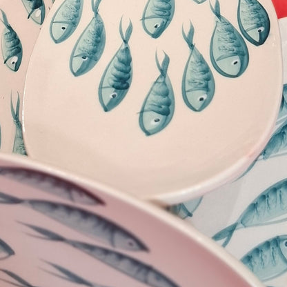 Keramikset - 4 x Ovale Teller Design Pesciolini - Farbe Verdemare Hellgrün, Handarbeit aus Italien