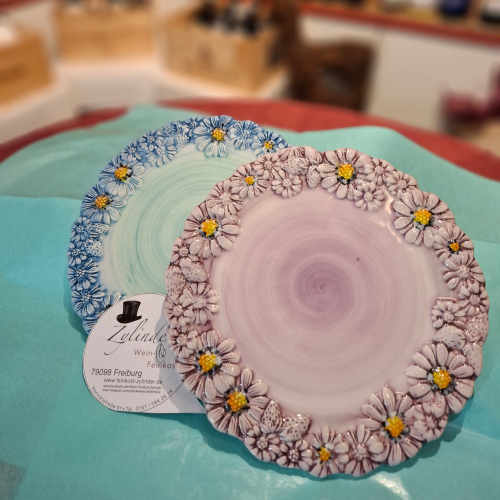 Keramik  Teller 2er Set Azzurro/ Helllilla mit Margheritedekorand ( B. cm. ca. 22 H cm. ca. 1,5 ) - Handarbeit aus Italien