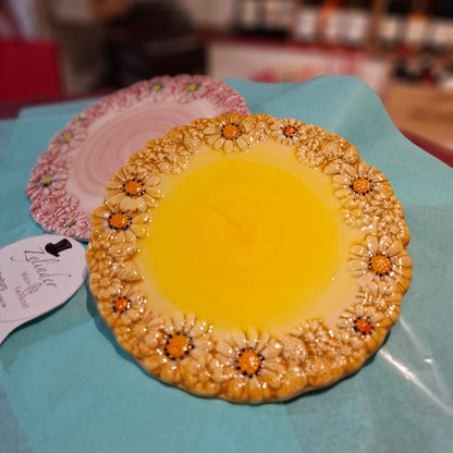 Keramik  Teller 2er Set Gelb/Rosaantico mit Margheritedekorand ( B. cm. ca. 22 H cm. ca. 1,5 ) - Handarbeit aus Italien