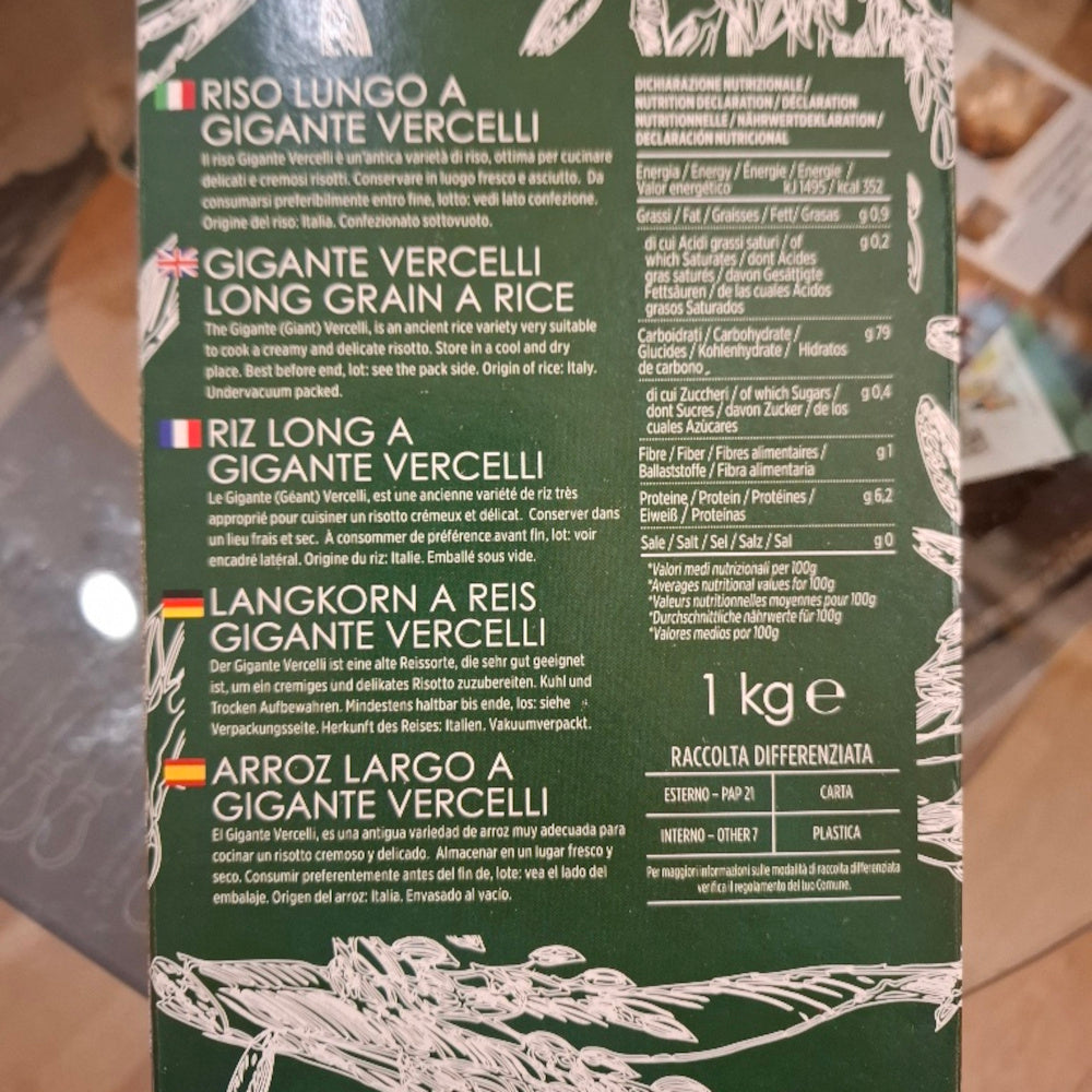 Reis GIGANTE VERCELLI für Risotto - SLOW FOOD PRESIDIUM - IDEARISO VERCELLI Angebot für 2 Kg. ( 2 x 1 Kg. Pkt )