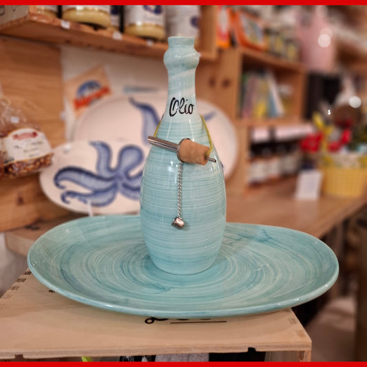 Keramikset Ölivenöl-Karaffe mit Teller (Karaffe: H ca. 24 cm  x  B ca. 10 cm /Teller Oval ( L ca. 33cm x B ca. 20 cm) - Handarbeit aus Italien