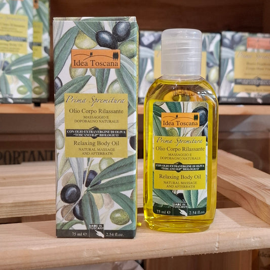 Bio Olivenöl Kosmetik: RELAXING BODY OIL 75 ml. - NATURAL MASSAGE AND AFTERBATH  IDEA TOSCANA - FIESOLE - FLORENZ (Kopie)