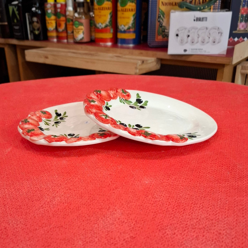 Keramikset 2er Stk. - Ovale Teller Design Tomaten in Reliev & Oliven - Handharbeit aus Italien