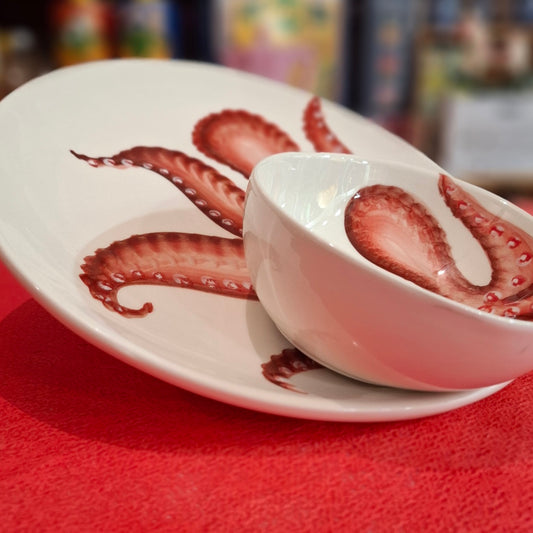 Keramik  Set Teller+ Schüßel Motiv Oktopuss Farbe Cottorot - Handarbeit aus Italien