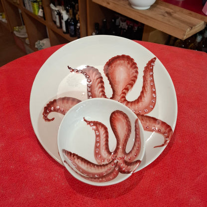 Keramik  Set Teller+ Schüßel Motiv Oktopuss Farbe Cottorot - Handarbeit aus Italien