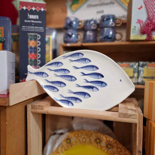 Keramik  Fischteller Motiv Kleine Fische Farbe Blau ( B. cm. ca 19,5 cm. L cm.ca. 33,5 ) - Handarbeit aus Italien
