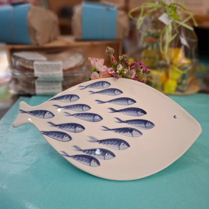 Keramik  Fischteller Motiv Kleine Fische Farbe Blau ( B. cm. ca 19,5 cm. L cm.ca. 33,5 ) - Handarbeit aus Italien