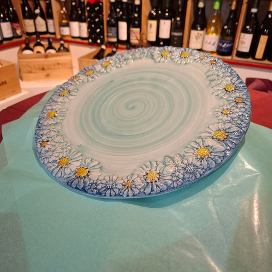 Keramik  Teller Azzurro mit Margheritedekorand ( B. cm. ca. 33 H cm. ca. 1,5 ) - Handarbeit aus Italien