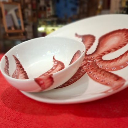 Keramik  Set Teller+ Schüßel Motiv Oktopuss Farbe Cottorot - Handarbeit aus Italien