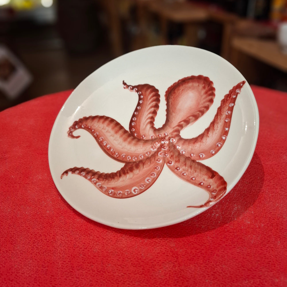 Keramik  Set Teller+ Schüßel Motiv Oktopuss Farbe Cottorot - Handarbeit aus Italien