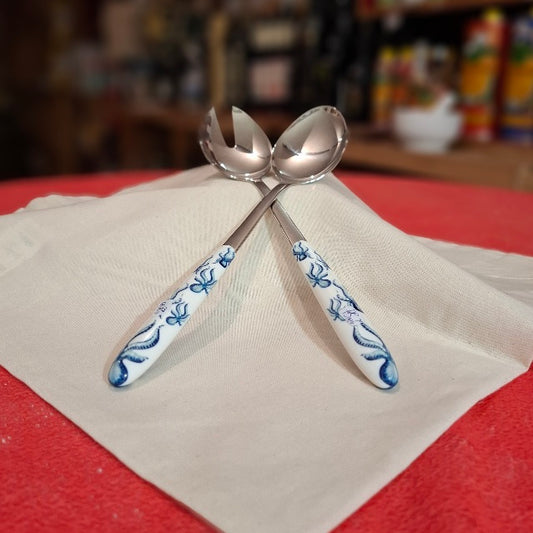 Besteck Löffel & Gabel für Salat & Pasta - L. ca. cm. 26 - Motiv Kleine Tintenfische Farbe Blau