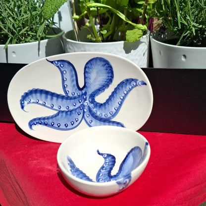 Keramikset - Ovale Teller & Schale (klein) Design Tintenfisch Hellblau, Handarbeit aus Italien