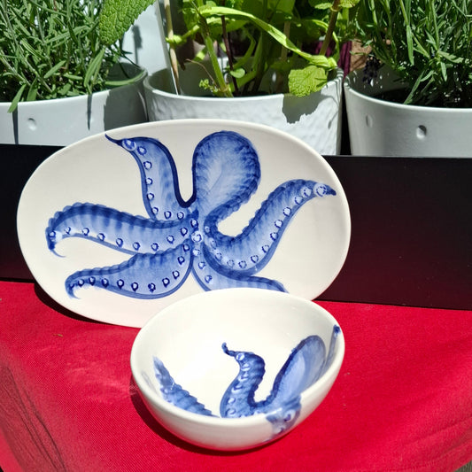 Keramikset - Ovale Teller & Schale (klein) Design Tintenfisch Hellblau, Handarbeit aus Italien