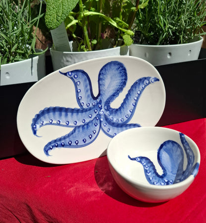 Keramikset - Ovale Teller & Schale (klein) Design Tintenfisch Hellblau, Handarbeit aus Italien