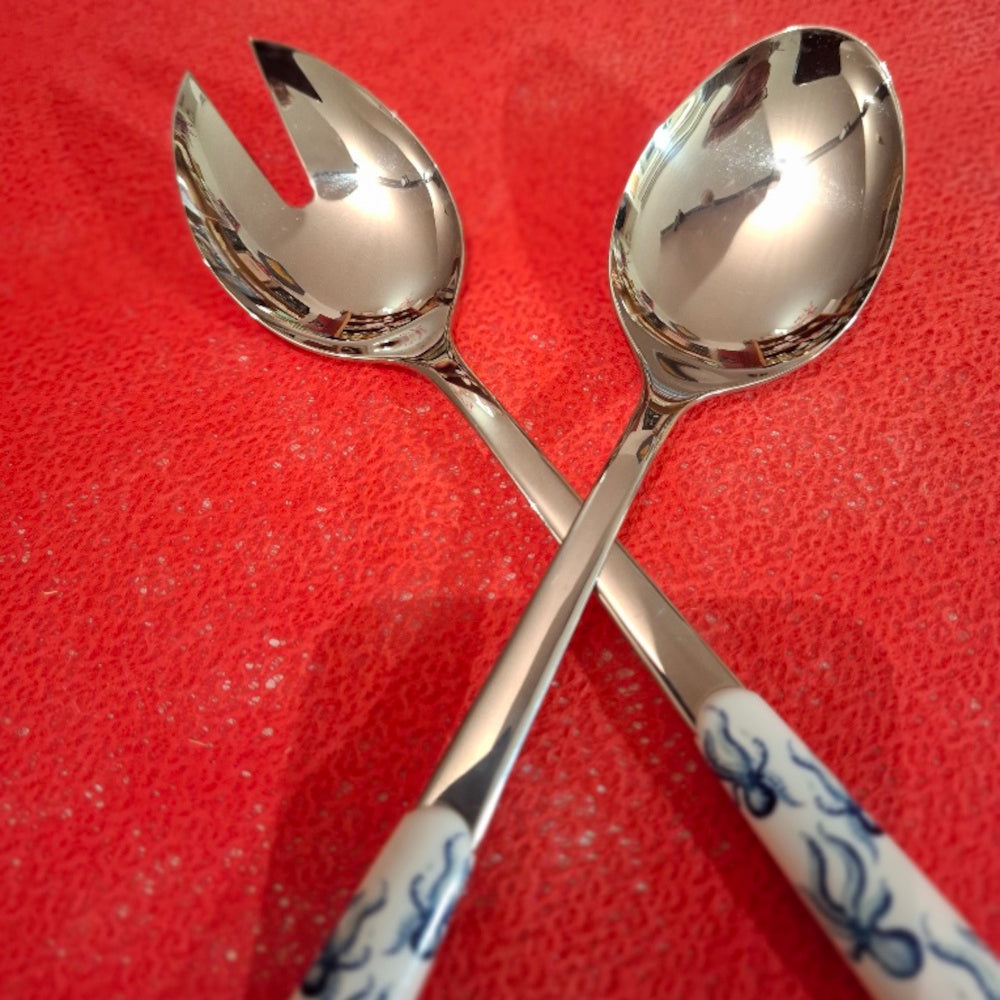 Besteck Löffel & Gabel für Salat & Pasta - L. ca. cm. 26 - Motiv Kleine Tintenfische Farbe Blau