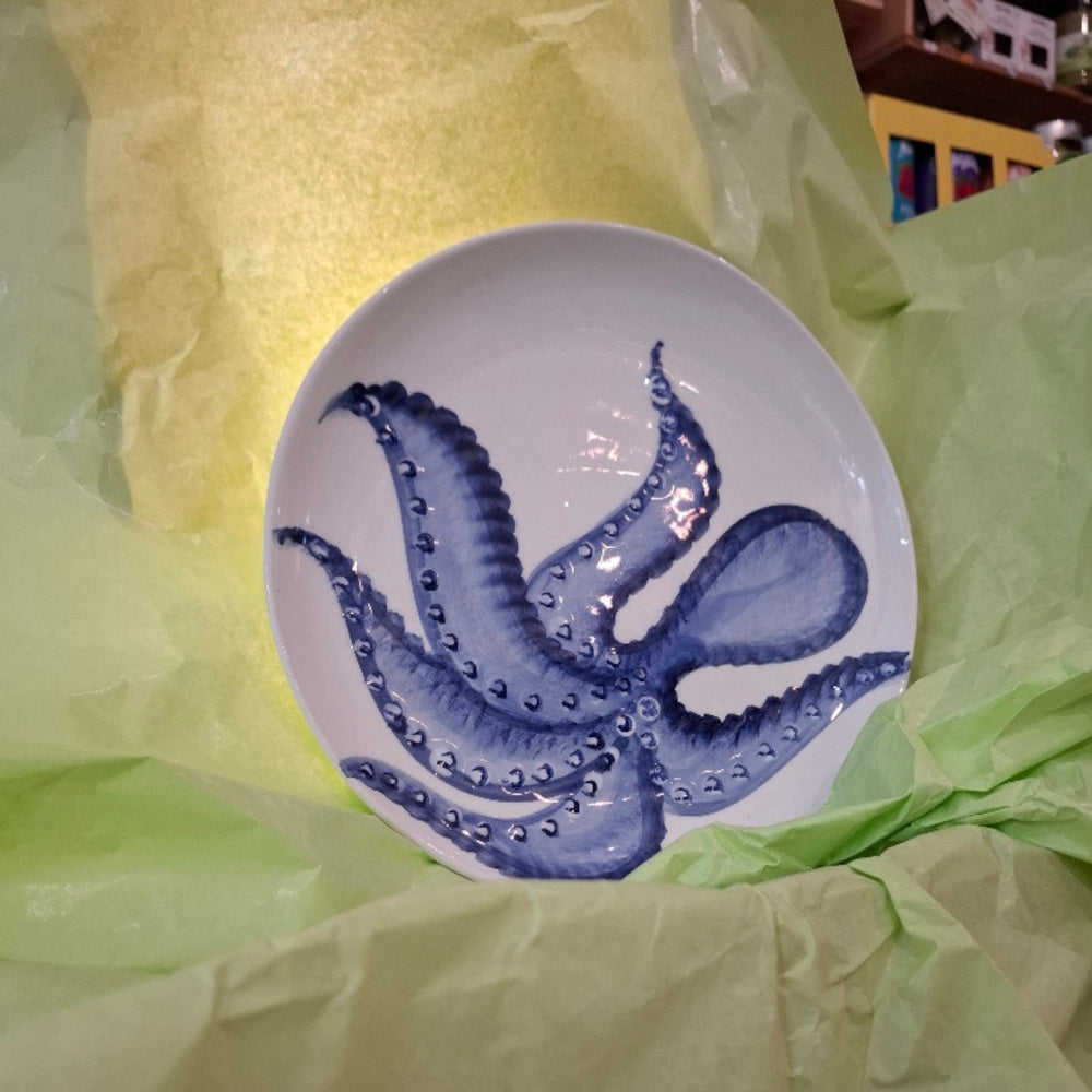 Keramik Teller  Motiv Oktopus Farbe Blu/Blau ( ca. 21 cm, B ) - Handarbeit aus Italien