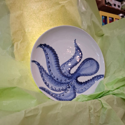 Keramik Teller  Motiv Oktopus Farbe Blu/Blau ( ca. 21 cm, B ) - Handarbeit aus Italien