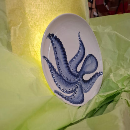 Keramik Teller  Motiv Oktopus Farbe Blu/Blau ( ca. 21 cm, B ) - Handarbeit aus Italien