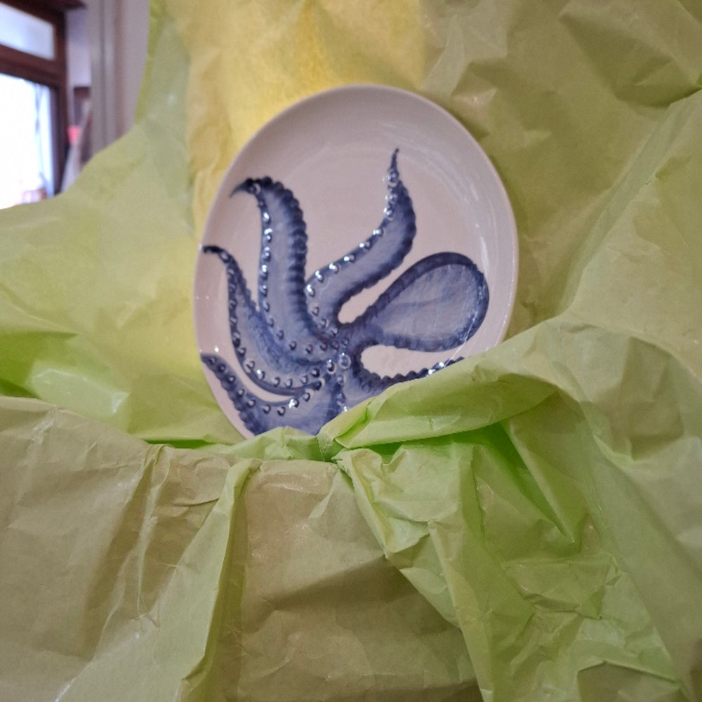 Keramik Teller  Motiv Oktopus Farbe Blu/Blau ( ca. 21 cm, B ) - Handarbeit aus Italien