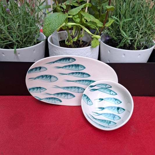 Keramikset - Ovale Teller & Schale (klein) Design Pesciolini - Fische Hellgrün, Handarbeit aus Italien