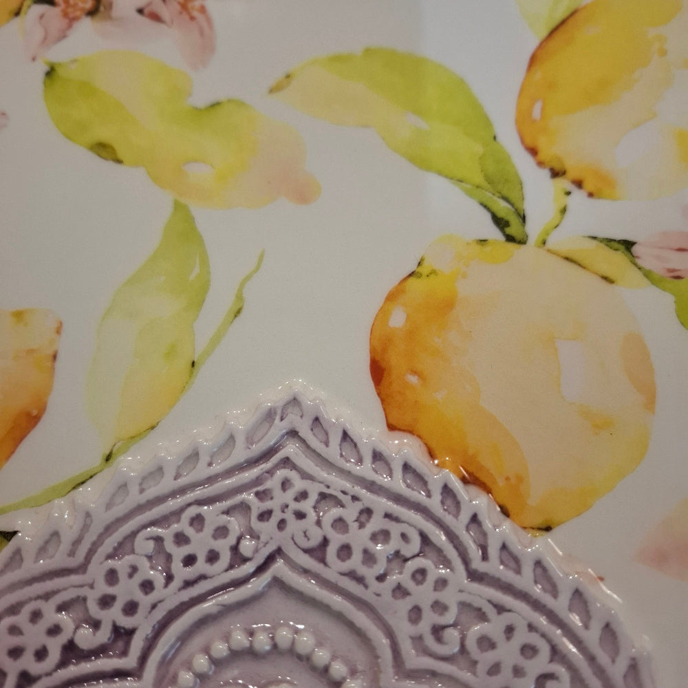 Keramik Teller - Unikat Zitrusblüte, Früchtee "Damascato"Handarbeit aus Italien ( Durchm. 35,5 cm ca. H 5 Cm. ca.)