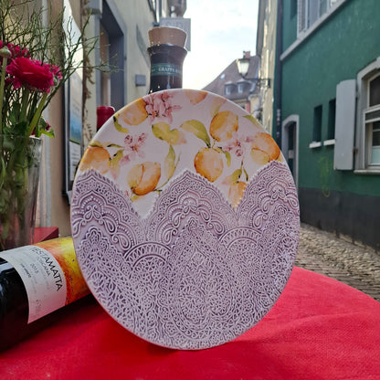 Keramik Teller - Unikat Zitrusblüte, Früchtee "Damascato"Handarbeit aus Italien ( Durchm. 35,5 cm ca. H 5 Cm. ca.)