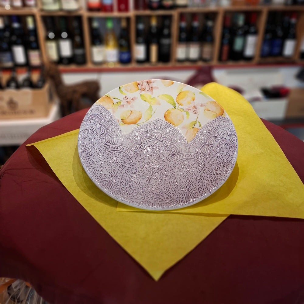 Keramik Teller - Unikat Zitrusblüte, Früchtee "Damascato"Handarbeit aus Italien ( Durchm. 35,5 cm ca. H 5 Cm. ca.)