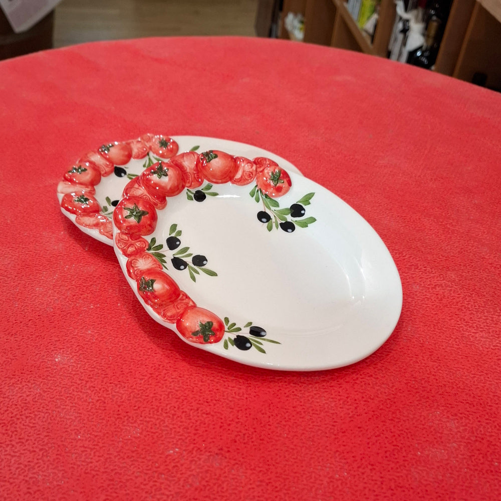 Keramikset 2er Stk. - Ovale Teller Design Tomaten in Reliev & Oliven - Handharbeit aus Italien