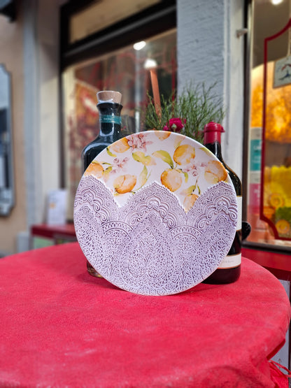 Keramik Teller - Unikat Zitrusblüte, Früchtee "Damascato"Handarbeit aus Italien ( Durchm. 35,5 cm ca. H 5 Cm. ca.)