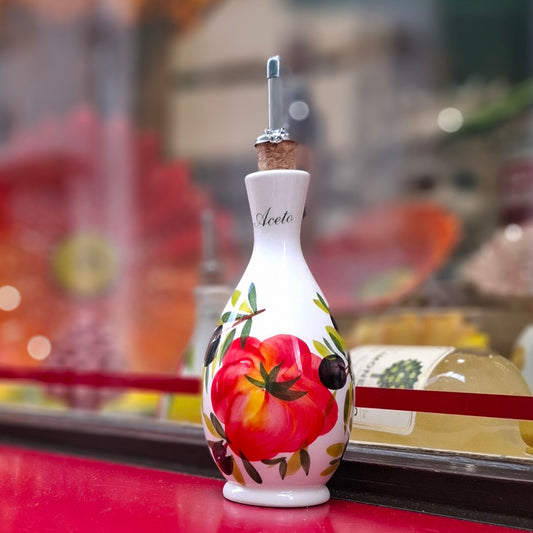 Keramikflasche Essig, Handarbeit aus Italien - Design Oliven & Tomaten "Aceto" Beschriftet