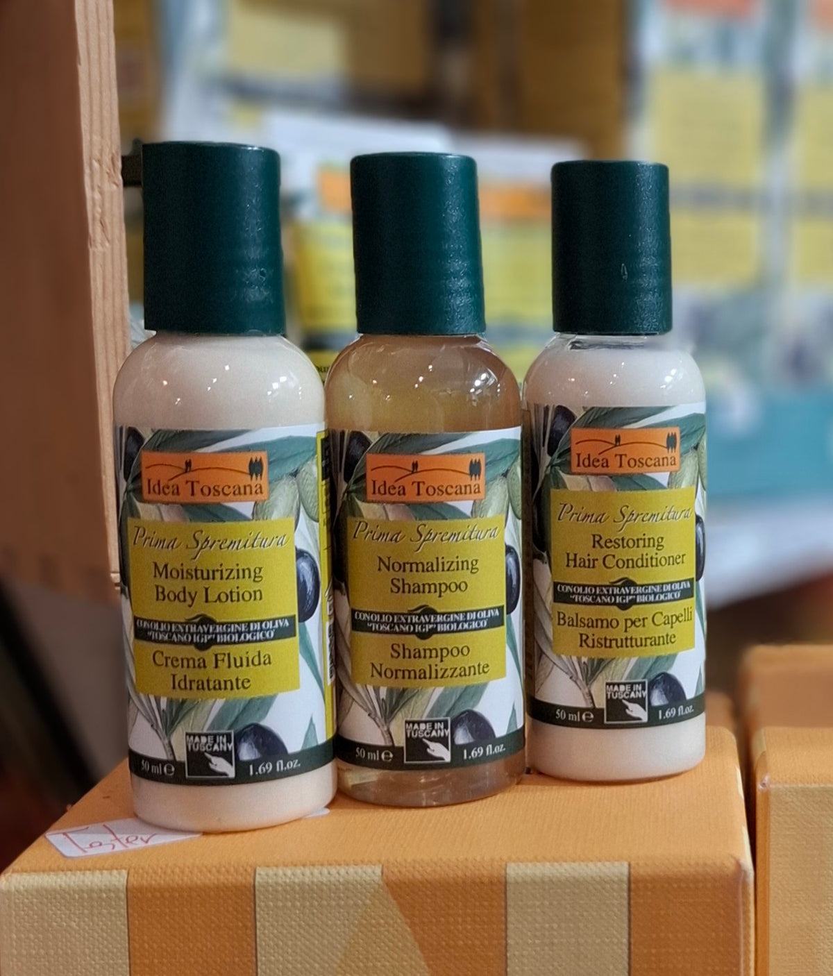 Bio Olivenöl Kosmetik: 3er 50 ml. Fl. Set mit Body Lotion, Normalizing Shampoo & Restoring Hair Conditioner - Idea Toscana Firenze